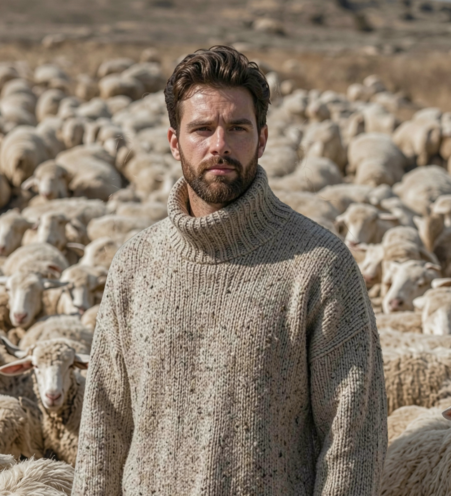 Woman in an oversized grey knit sweater standing among sheep